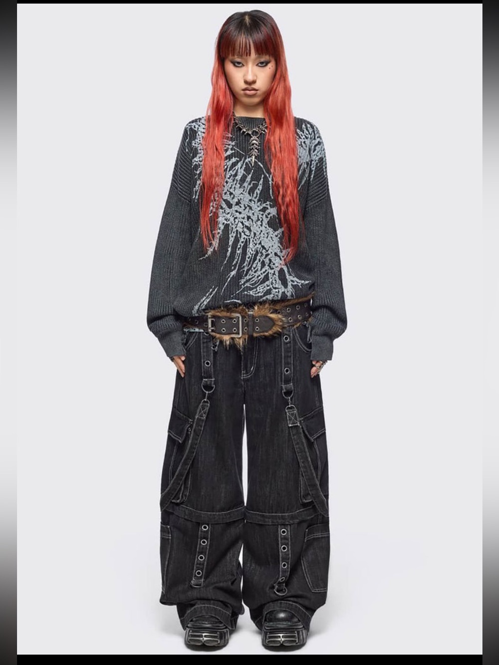 NWT Minga London Oversized Distressed Graphic Knit Sweater XL Grunge Goth